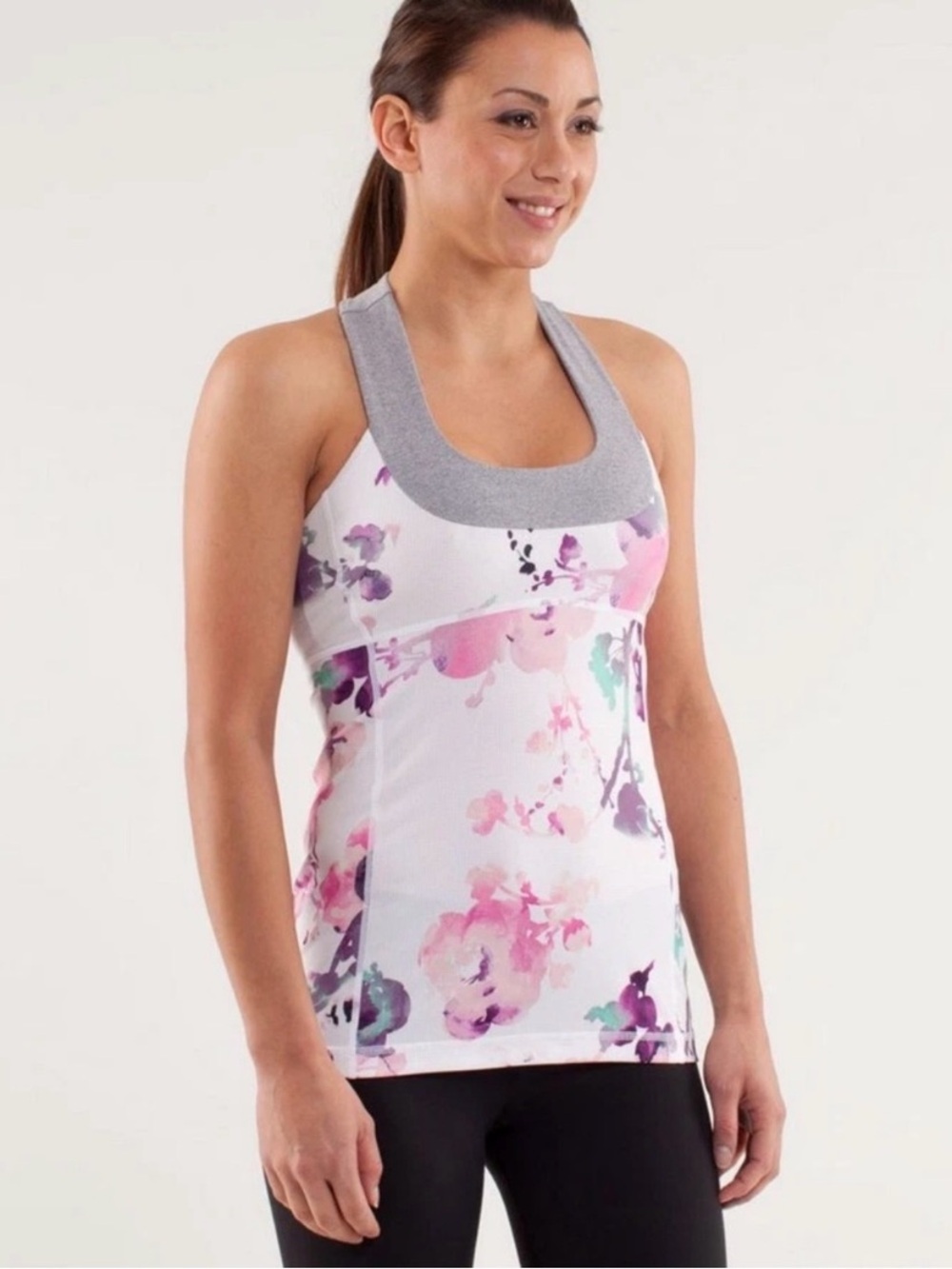 lululemon athletica White Floral Scoop Performance Tank with Gray Trim